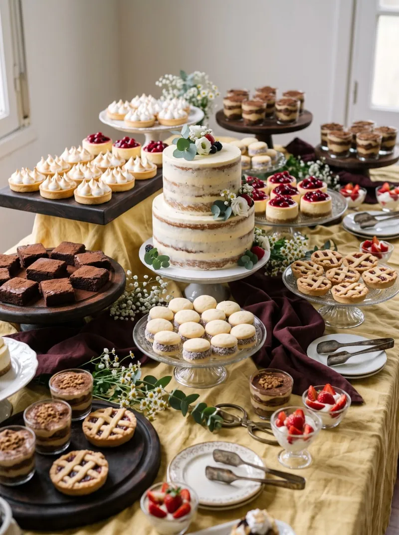 Mesa dulce en un salón con una torta decorada con flores, brownies, merengues, tartas y vasitos de postre.